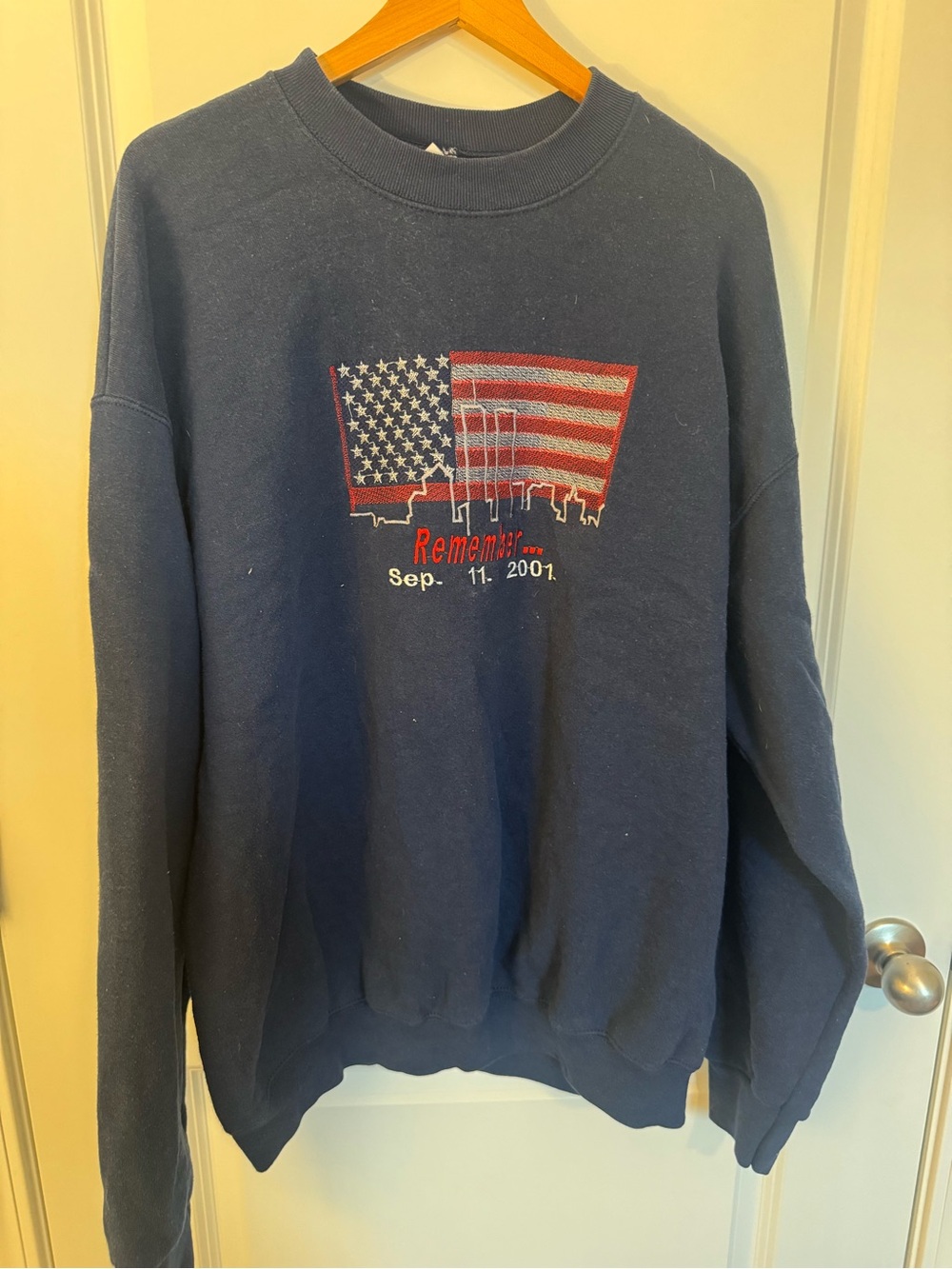 Fruit of the Loom Navy Crewneck Sweatshirt with Patriotic Flag Embroidery